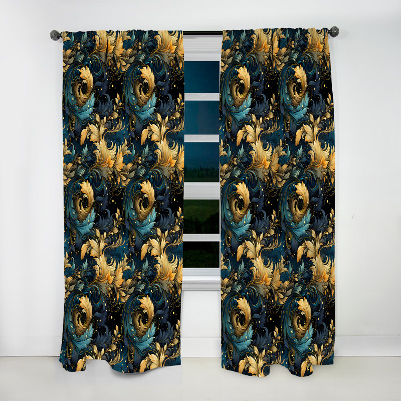 Blue And Yellow Cosmic Damask Whirls - Damask Curtain - Velvet Room Darkening - 1 Panel, 52" W x 108" L