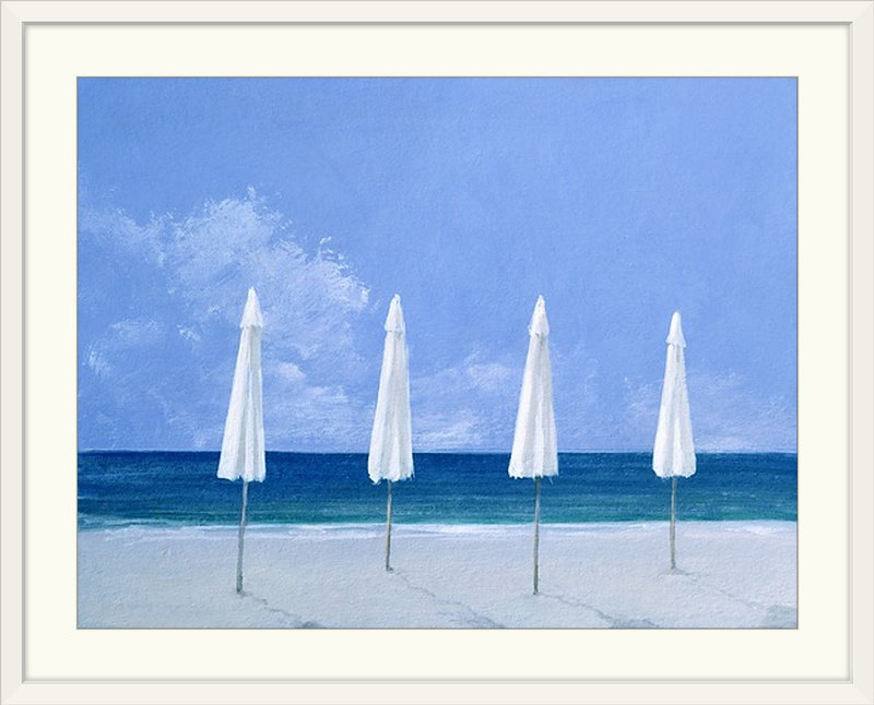 «Marti Beach Umbrellas, 2005» par Lincoln Seligman, reproduction d'art, H 20 po x l 24 po x P 1 po, Cadre blanc
