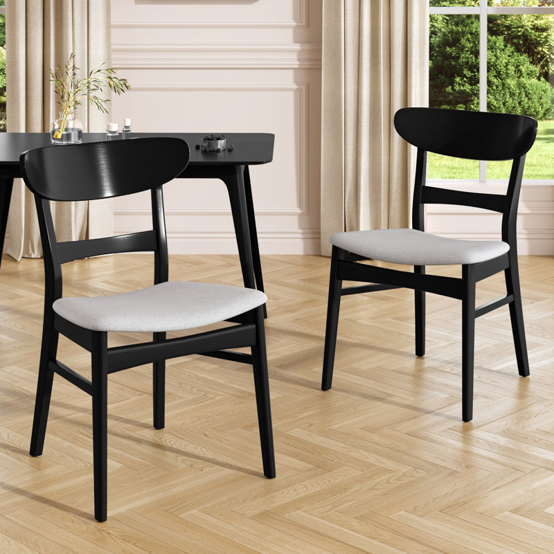 Ensemble de 2 chaises de salle à manger - siège rembourré en tissu, pieds en bois d'hévéa massif, Noir / gris clair