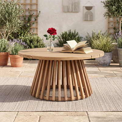Round Wood Outdoor Patio Coffee Table with Slatted Sculptural Base for Backyard