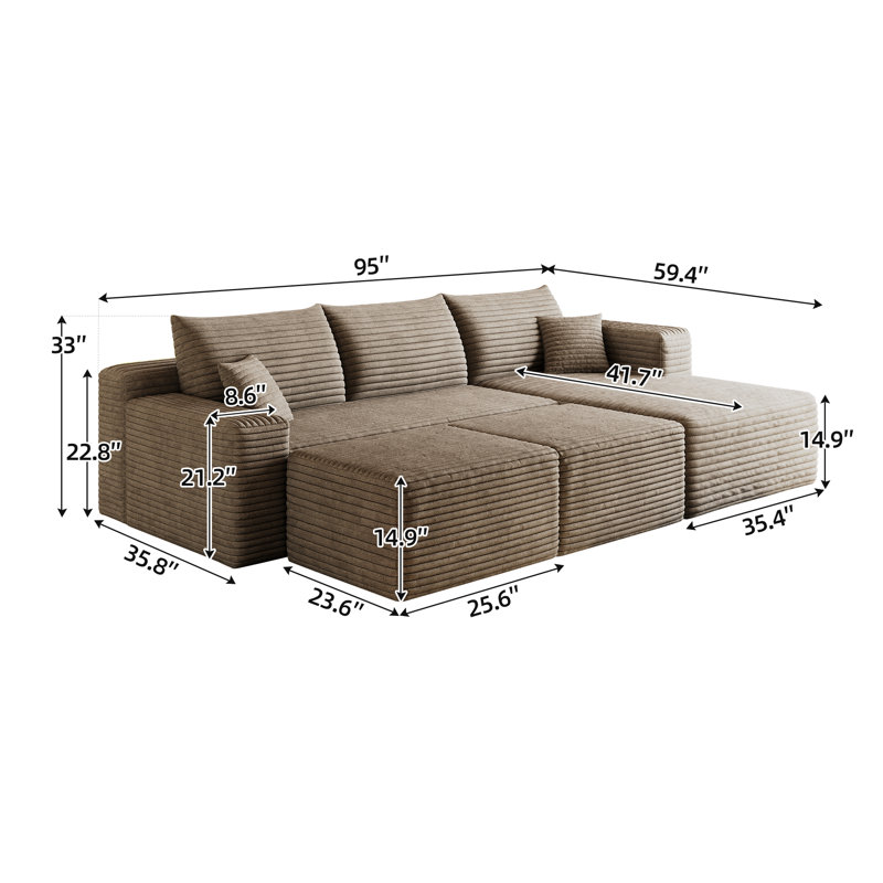 Canapé modulaire à compression, canapé de maison en velours côtelé moelleux de 95 pouces