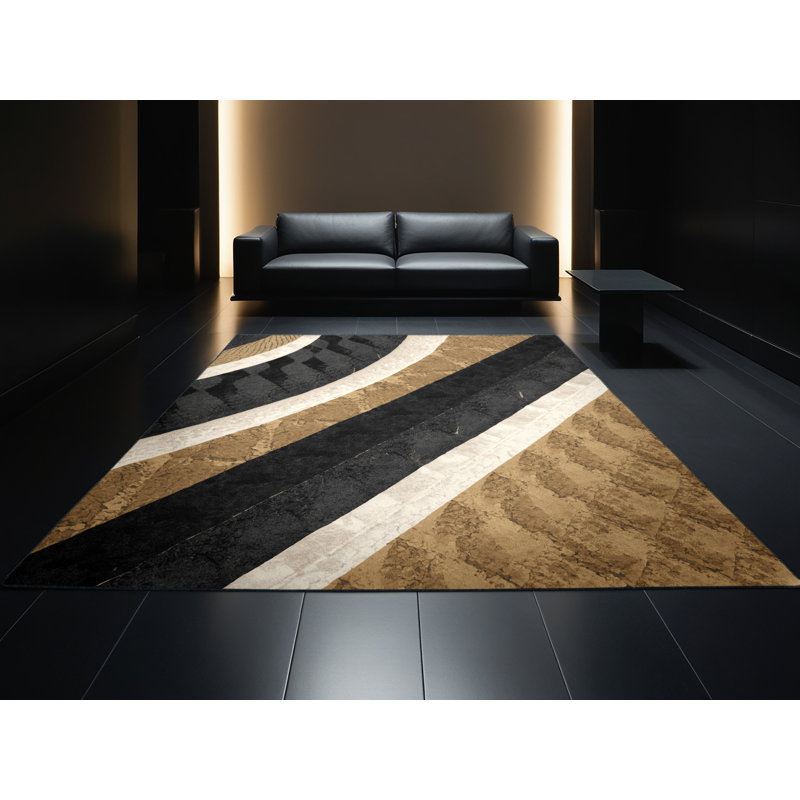 Tapis géométrique chic et luxueux lavable à la machine Paulett - noir - reliure noire, Rond 3 pi