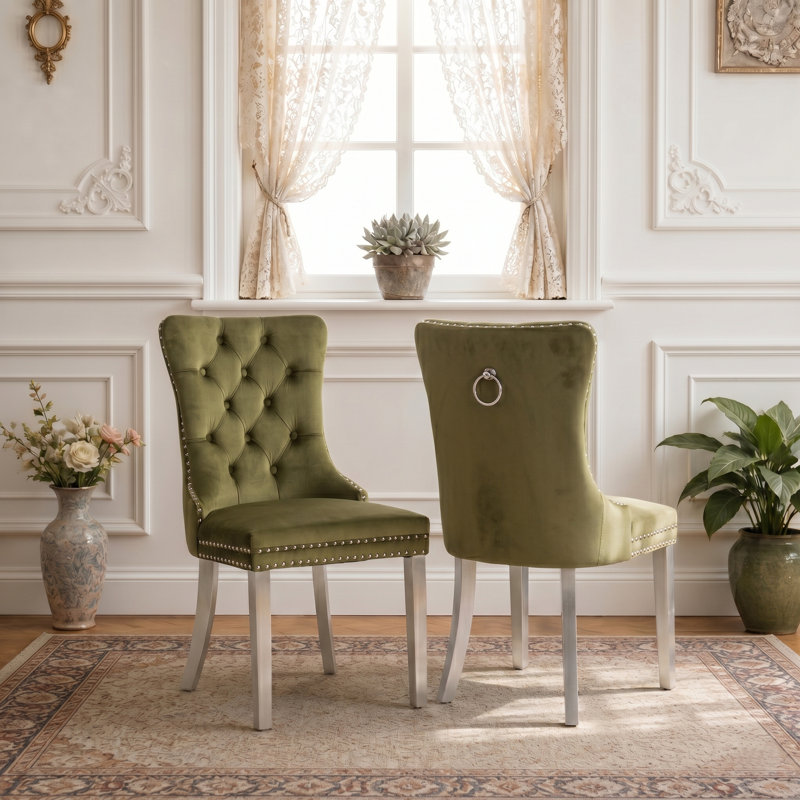 Chaise de salle à manger moderne en velours avec dossier capitonné et garniture cloutée (lot de 2)