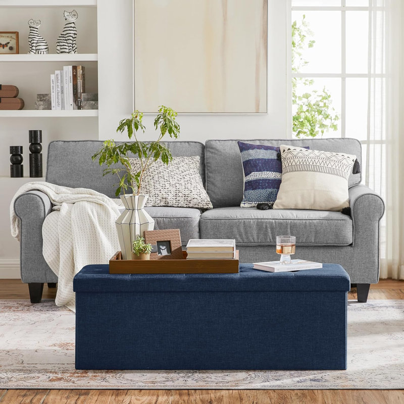 110x38x38cm Linen Upholstered Storage Bench, Navy