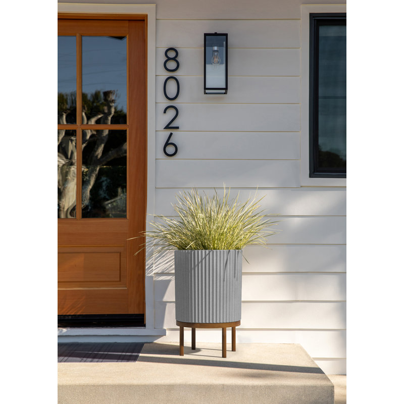 Gray Fluted Concrete-Composite Planter with Acacia Wood Stand