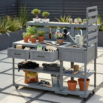 Patio Stainless Table Top Kitchen Island With Raised Shelf And Drawers