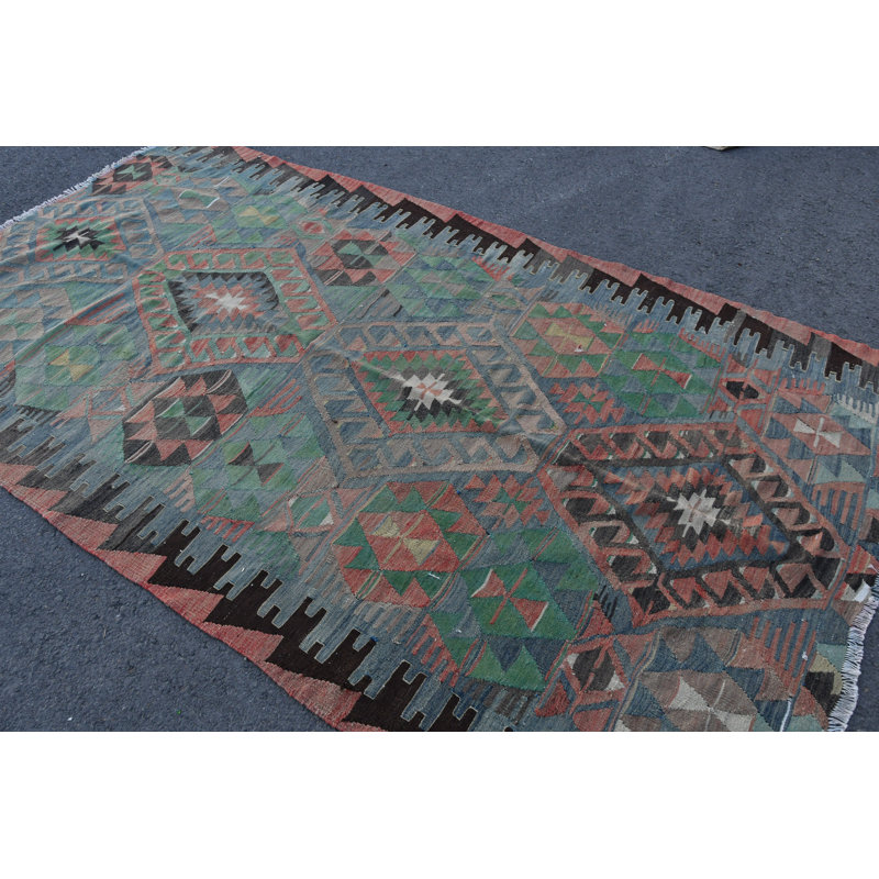 Tapis turc rétro Oushak de style géométrique bohémien et nomade brun / vert