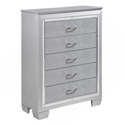 Glamourous Silver Finish 1Pc Chest Of 5X Dovetail Drawers Faux Alligator Embossed Fronts Bedroom Furniture