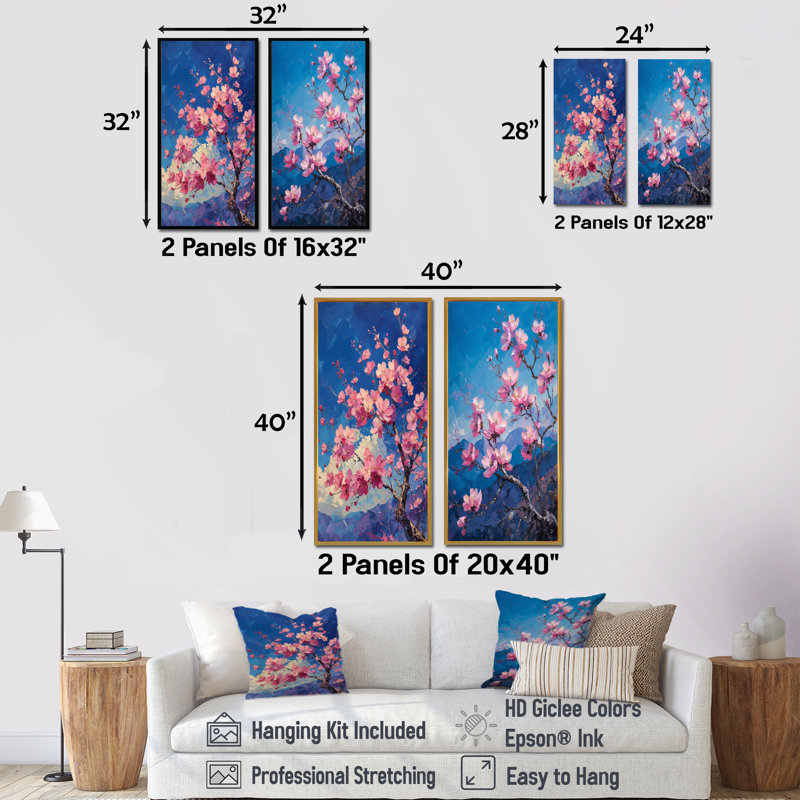Ensemble de 2 fleurs de cerisier roses et bleues - I, 40" H x 40" W, Impression encadrée, Black