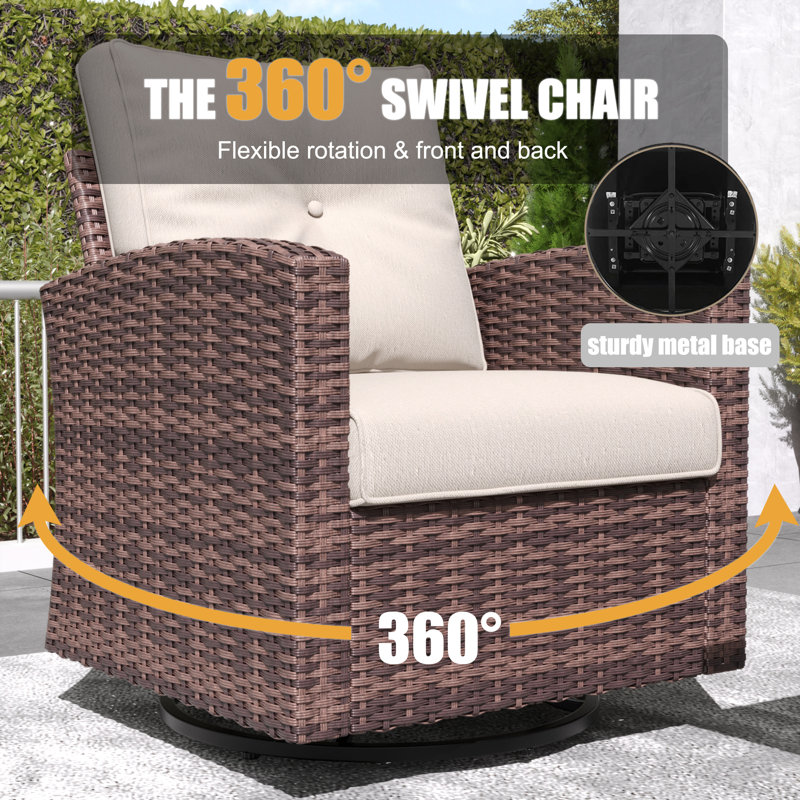 Lark Manor™ 10 Pieces Patio Furniture Set with Swivel Chairs, Rattan Wicker Rocking Glide Chairs with 44" Propane Gas Fire Pit Table Conversation Set