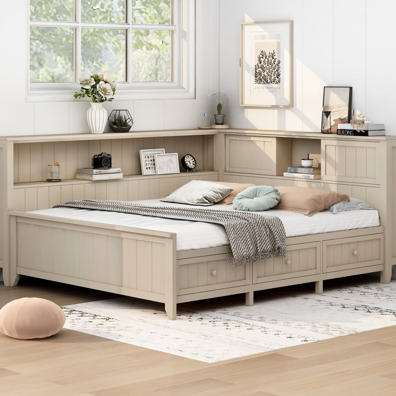 Lit de jour pleine grandeur avec rangement et 3 designs, couleur de lait blanc antique, tablette à 3 tiroirs conçue pour une utilisation à long terme, fabrication en bois robuste
