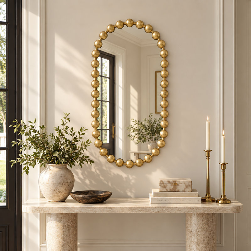 Miroir mural ovale Marlowe en fer noir mat perlé 18 x 36 po, Doré
