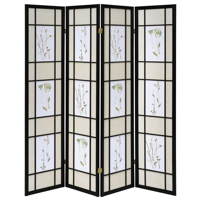 Beige and Black Floral Print 4-Panel Folding Screen