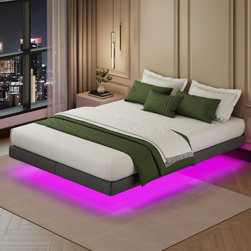 Cowen Floating Bed Frame with LED Lights Metal Slats Underbed Storage Space No Box Spring, Full, Gray