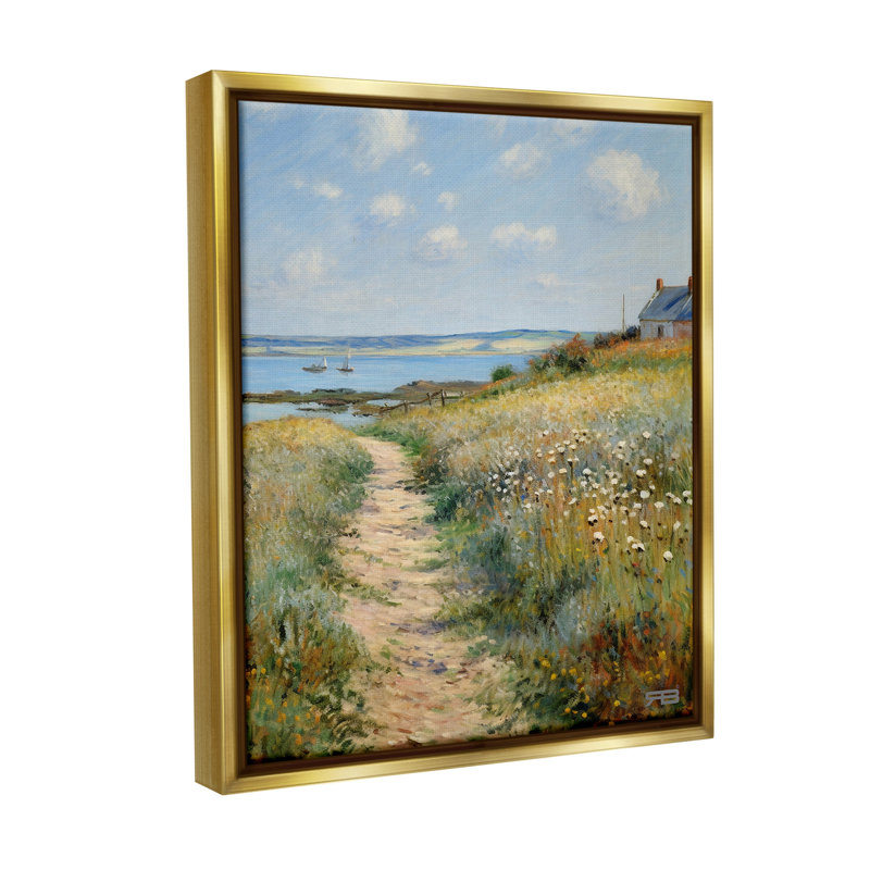 «Coastal Meadow Path», art mural encadré noir sur toile flottante par RB, Cadre flottant métallique doré, H 21 po x l 17 po