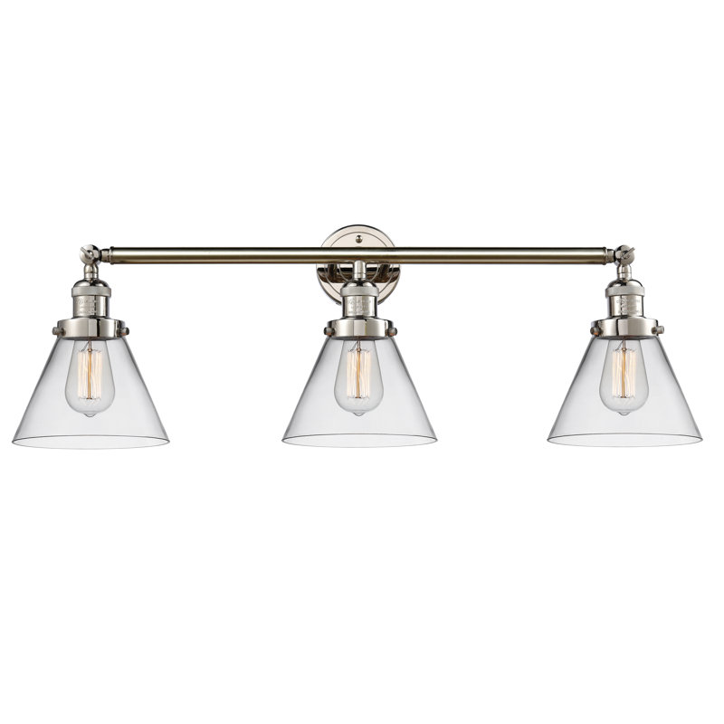 Éclairage pour salle de bain 3 lumières Sartain Cone, Ampoule incandescente rétro de 60 watts, Transparent, Laiton brossé