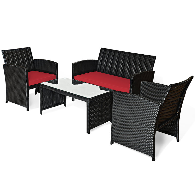 Red Barrel Studio® 4pcs Rattan Outdoor Conversation Set Patio Furniture Set W/ Cushions, Red