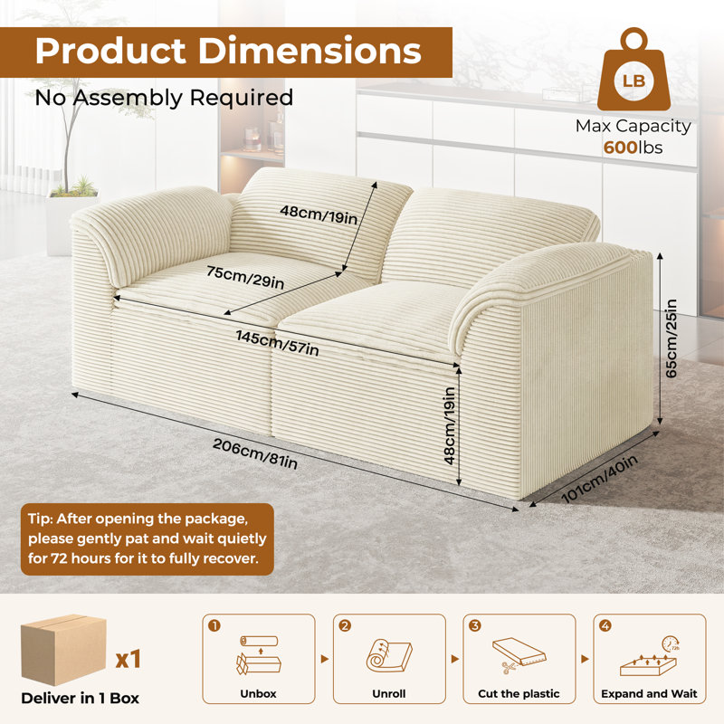 Modern 81 "corduroy 2-seater Sponge Sofa With Throw Cushion, Beige Corduroy
