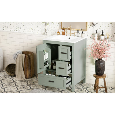 Meuble-lavabo moderne de 24 po avec lavabo en céramique, tiroir fonctionnel et tiroirs à fermeture en douceur en alliage de zinc, élégant