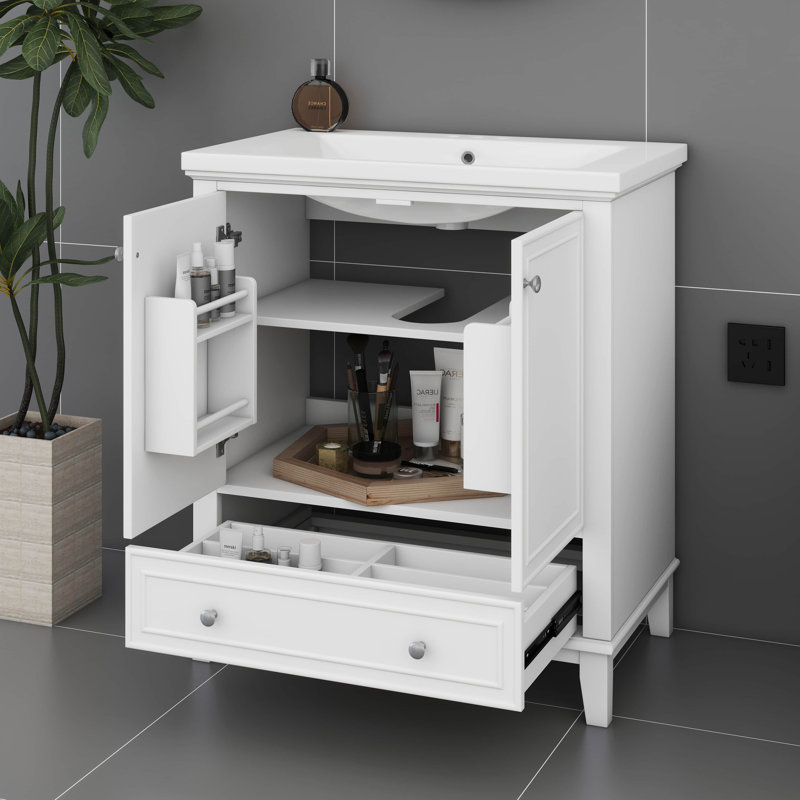 Meuble-lavabo autoportant en bois 30 po sans lavabo 30 po avec 2 portes et tiroir (lavabo non inclus), Blanc, Blanc