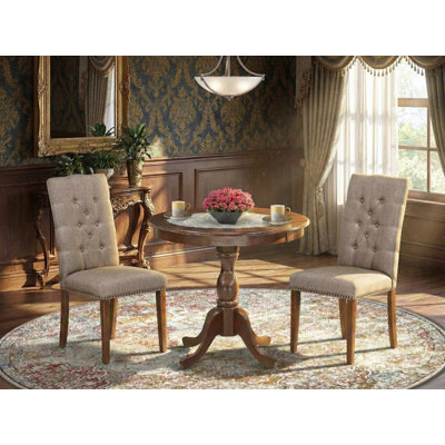 3 Piece Dining Table Set Includes 1 Dinner Table and 2 Dark Khaki Linen Fabric Upholstered Dining Chairs Button Tufted Back with Nail Heads - Mahogany Finish