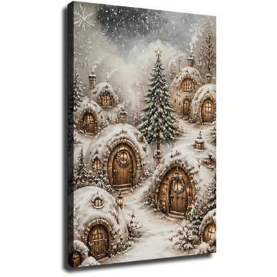 Maisons de hobbits enneigées et féeriques avec sapin de Noël, toile décorative hivernale, impression aquarelle rétro d'un village de Noël pour la décoration murale de la maison