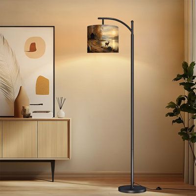 Lampe sur pied à arc avec abat-jour réglable cerf automne forêt rustique chalet animal de compagnie chasse aux élans sur pied
