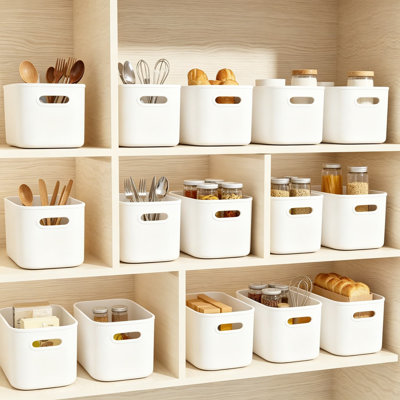 White Plastic Storage Bins 12 Pack, Storage Container for Organizing, Storage Boxes with Handle for Shelves, Organizer Bins for Craft, Snacks, Pantry, Cabinet, 9.69 x 6.7 x 5.7 Inch