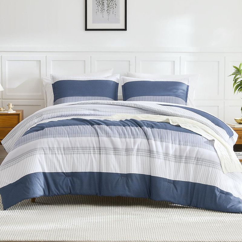 Andency Comforter Set, Lightweight Colorblock Stripes Bedding Comforter Set, Fluffy Down Alternative Bed Set, Mineral Blue, King