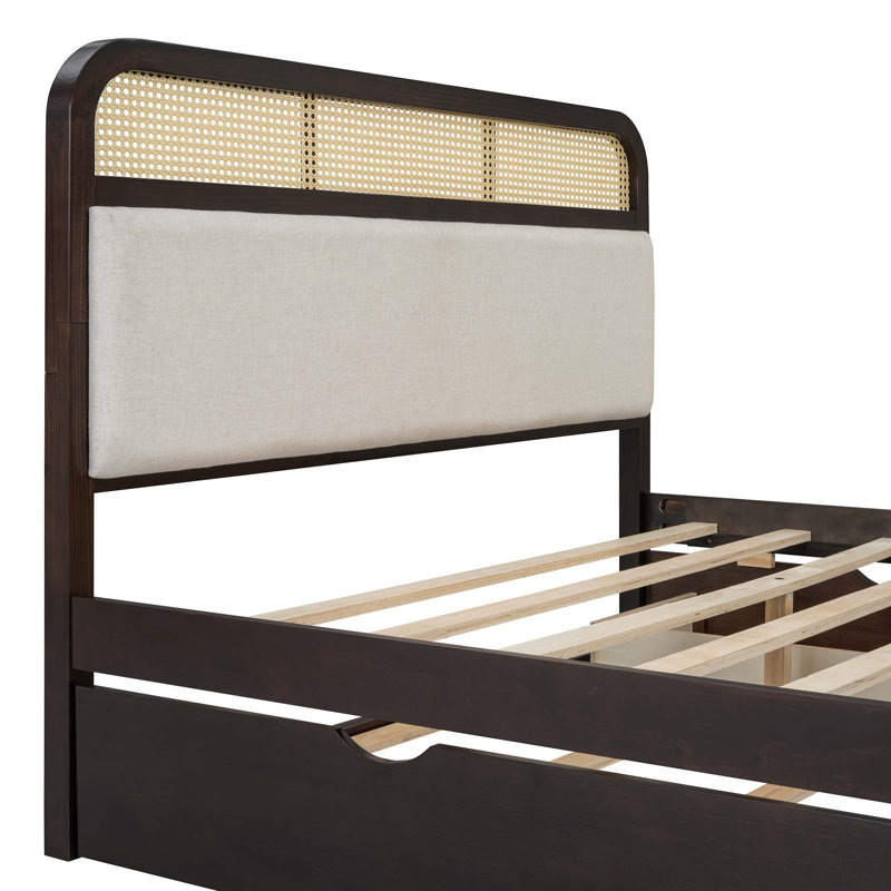 Grand lit plateforme en bois avec lit gigogne et 2 tiroirs, Espresso