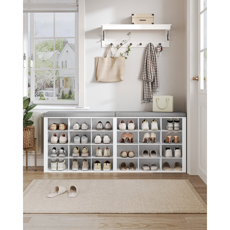 Shoe Storage Bench with Cushion, Entryway Storage Bench with 24 Cubbies, 9.5" Widened Organizer Cabinet, Long Cubby Rack for Living Room, Bedroom, Entryway, White