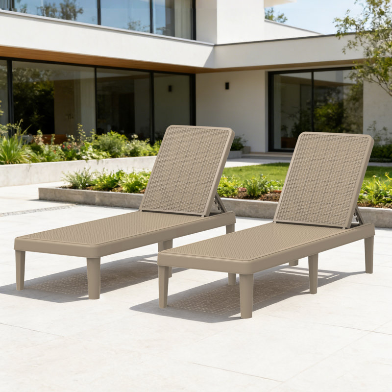 74" All-Weather Resin Chaise Lounge Chair, 5-Position Adjustable Reclining Patio Armless Lounger, Set of 2, Khaki