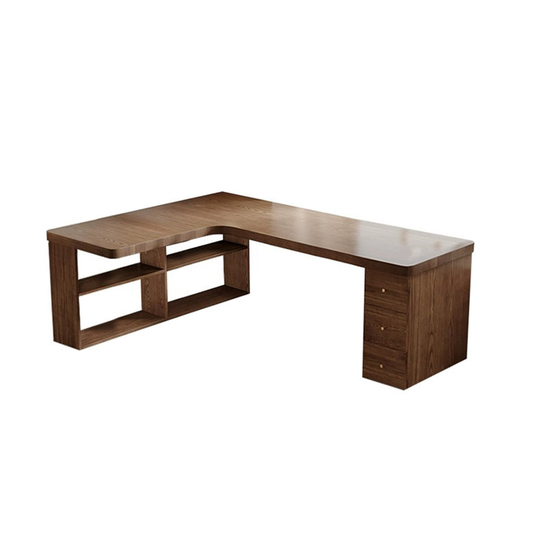 Bureau d'angle et bibliothèque en bois massif en forme de L de couleur noyer intégré à la bibliothèque, Retour à gauche