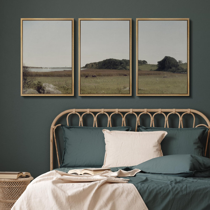 " Fields And Cattle Tranquil Farm Landscape Countryside Nature Landscape Modern Art Decor " 3 - Pieces, Naturel
