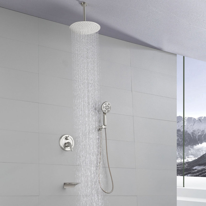 Système de douche de baignoire au plafond avec douche à main Ensemble de robinet de douche à poignée simple de 12 pouces avec garniture de douche à haute pression en laiton avec valve brute