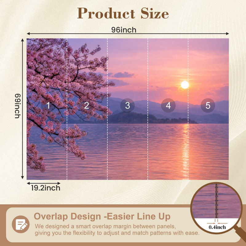 Papier peint adhésif pelez et collez branche de cerisier en fleurs rose coucher de soleil lac pleine lune réflexion lointaine art mural auto-adhésif et amovible