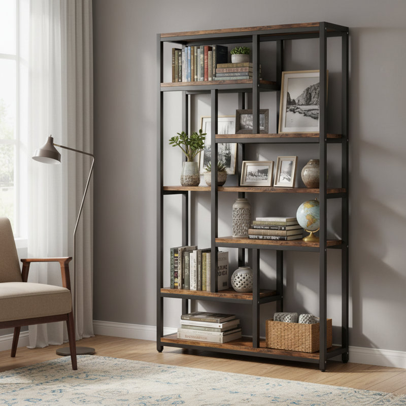 79" H Modern White 7-Tier Geometric Etagere Bookcase with Metal Frame