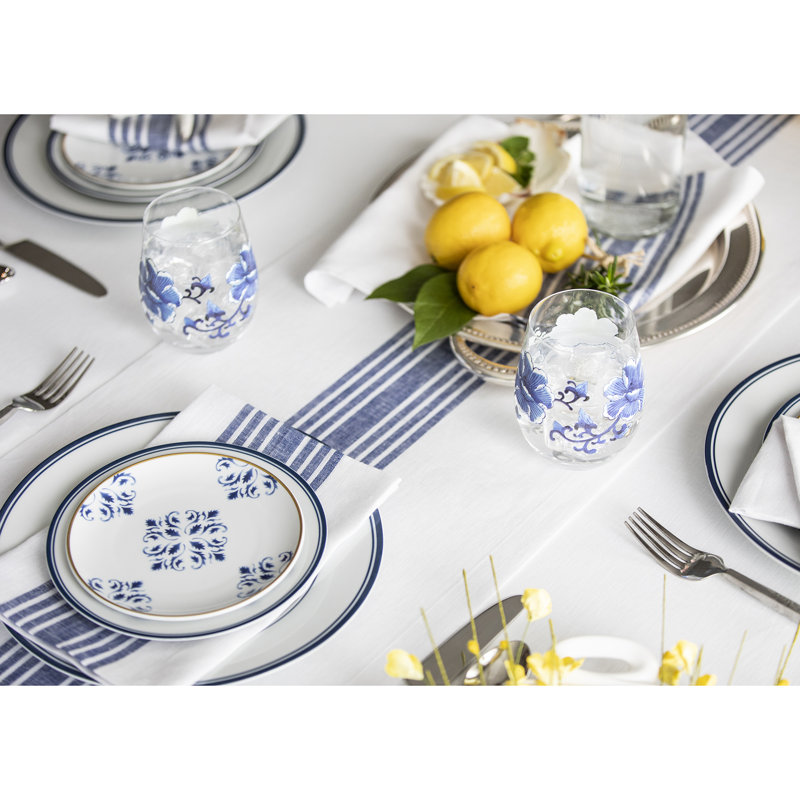 Farmhouse - 100% Pure Linen Table Runner, 60" x 14", Navy/White