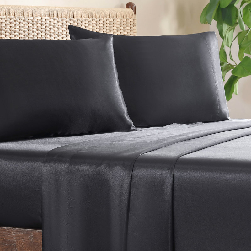 Jessica Simpson Silky Satin Sheet Sets, King Sheet Set with 2 Pillowcases, Jet Black