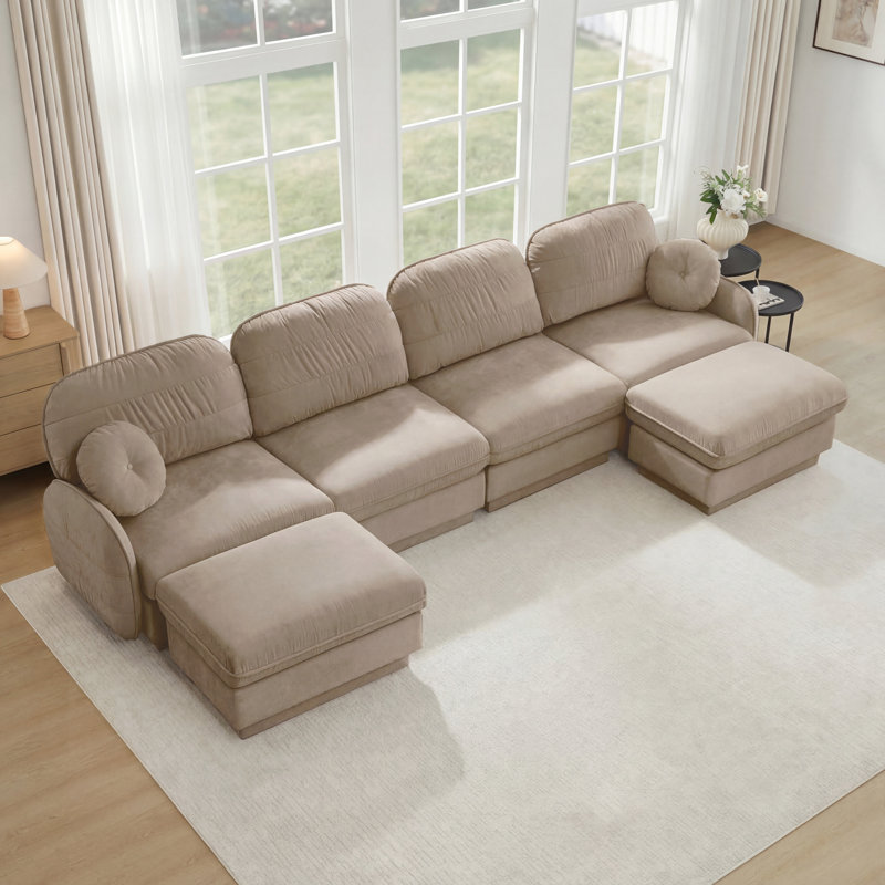 Canapé en forme de U, canapé à assise profonde avec repose-pieds mobile, coussins ronds exquis et coussins de dossier matelassés