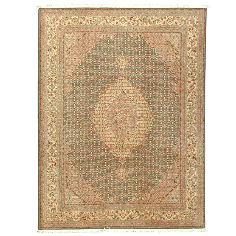 Tapis vert clair et crème noué à la main de haute qualité