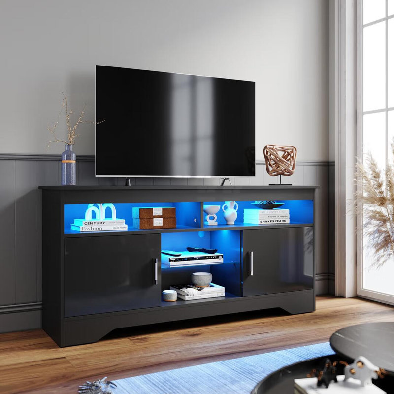 135×35×65cm TV Cabinet,RGB LED Top Plate with Glass Shelves,Stand for TVs up to 55", Black