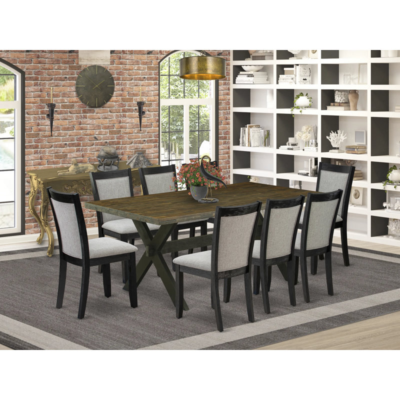 9 Piece Dining Room Furniture Set Includes a Rectangle Dining Table with X-Legs and 8 Shitake Linen Fabric Upholstered Chairs, Wire brushed Black