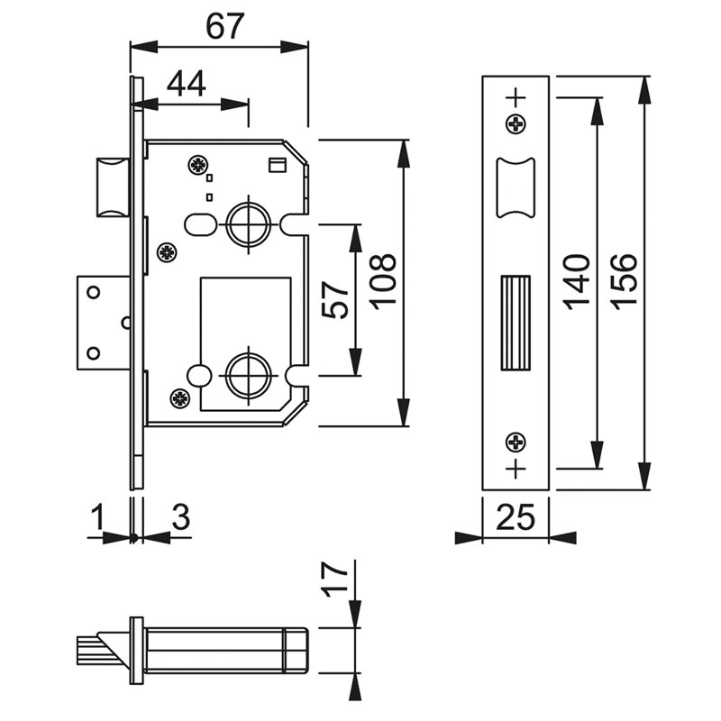 Bathroom Mortice Lock, Satin Chrome Effect