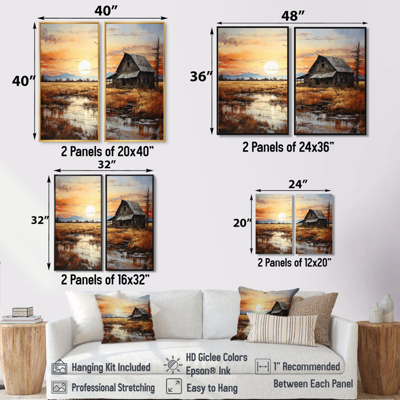 Paysage de grange au crépuscule I - art mural traditionnel, 20" H x 24" W, Impression encadrée flottante, White
