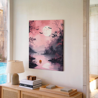 Tranquil Pink River Full Moon And Floating Jack O Lantern Art Wall Art Canvas Ready To Hang Gallery Wrapped Home Decor Modern Design