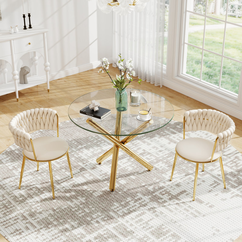 Modern Round Tempered Glass Pedestal Dining Set with Weaven Velvet Dininig Chair, 30" H x 36" W x 36" D, Beige/Gold, Gold