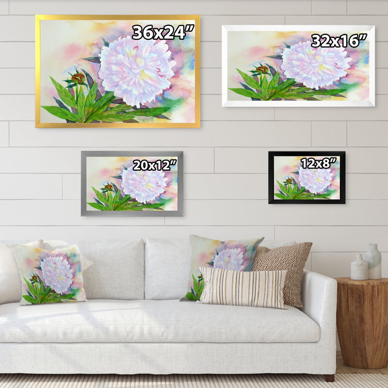 Pivoine blanche en été - reproduction sur toile avec cadre flottant, Cadre photo noir, H 8 po x l 12 po x P 1 po