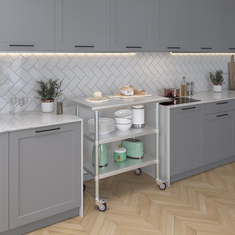 Stainless Steel Work Table With 2 Shelves And Casters | M...