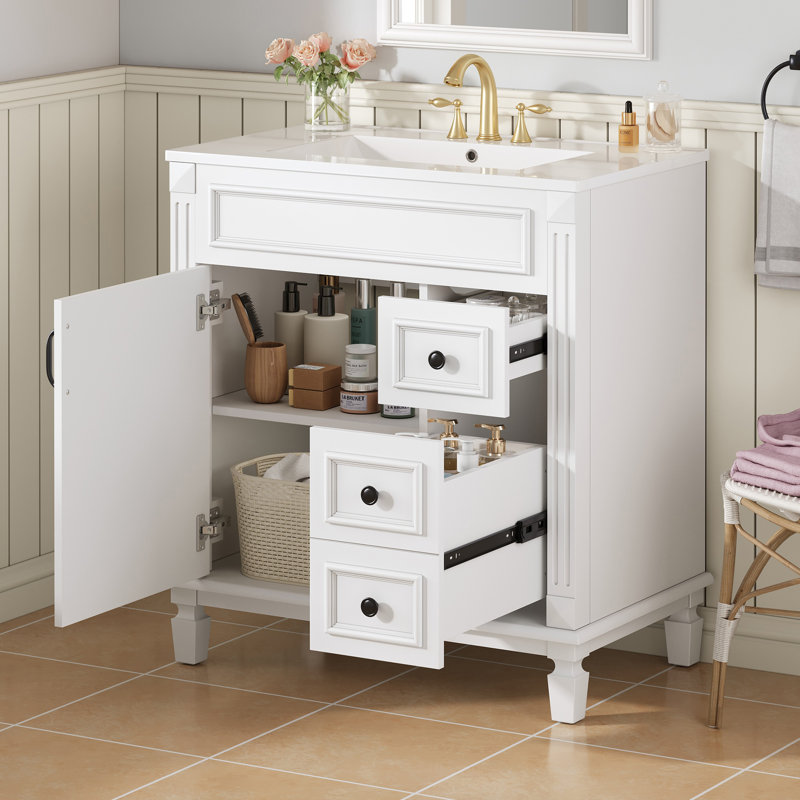 Ensemble de meuble-lavabo autoportant, tablette réglable, Blanc